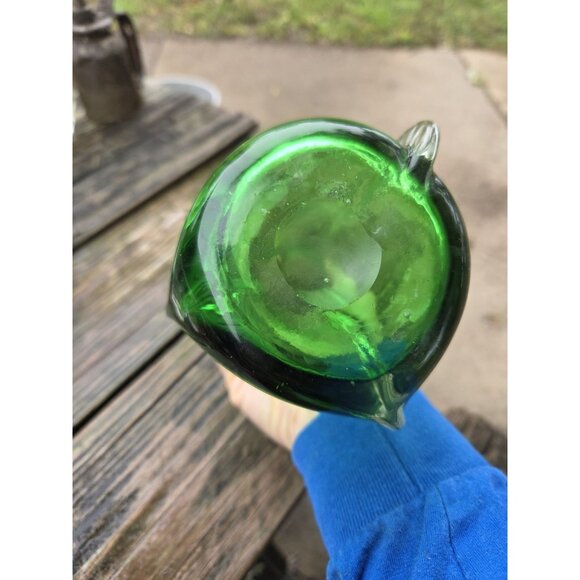 Vintage Handcrafted Green Art Glass Vase 8.5” with Clear Trim Hand Blown - Picture 12 of 14